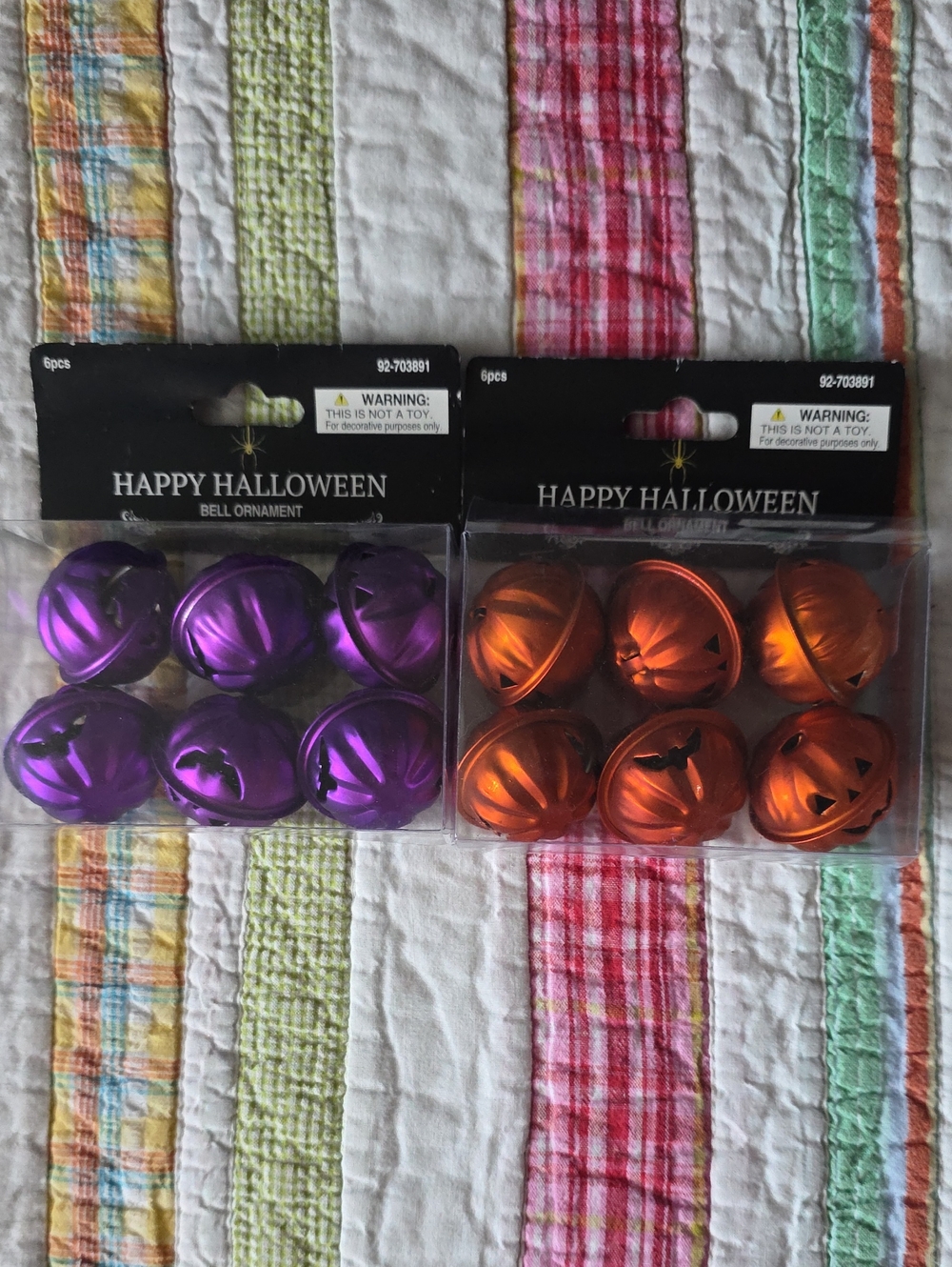 Happy Halloween Metal Bell Ornaments - Purple and Orange (Pack of 6 each)